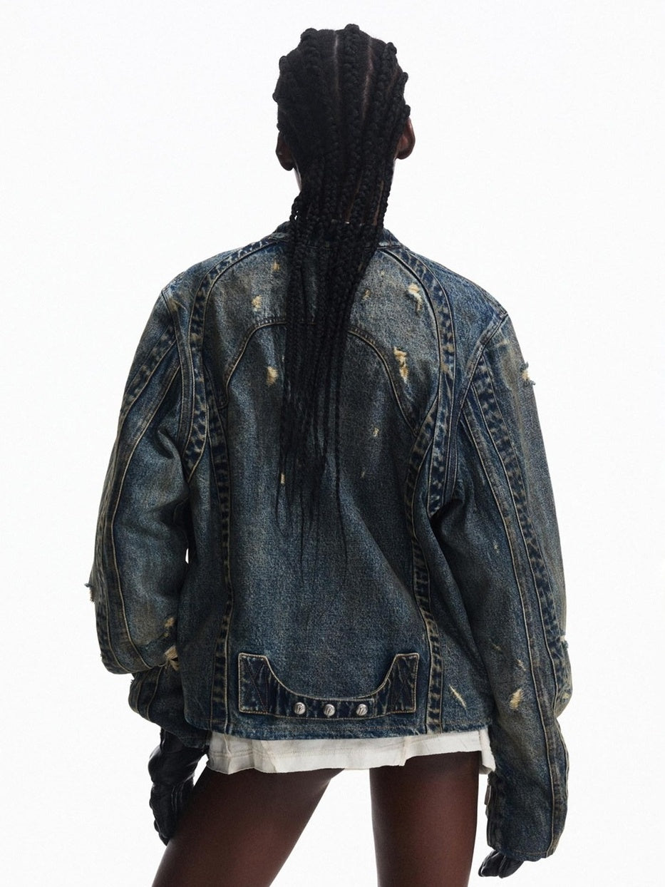 PEOPLESENSE Washed Denim Pure Cotton Slim Fit Patchwork Urban Short Zip Unisex Jacket
