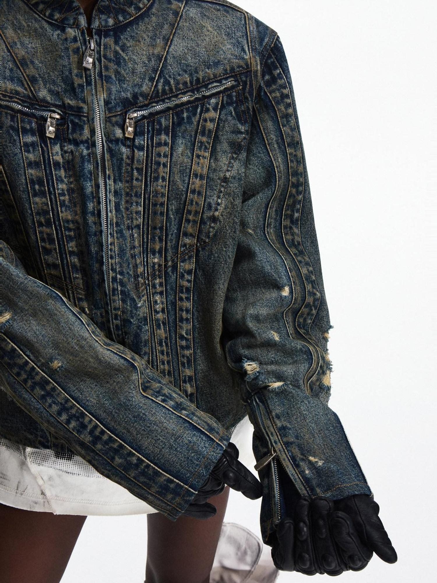 PEOPLESENSE Washed Denim Pure Cotton Slim Fit Patchwork Urban Short Zip Unisex Jacket