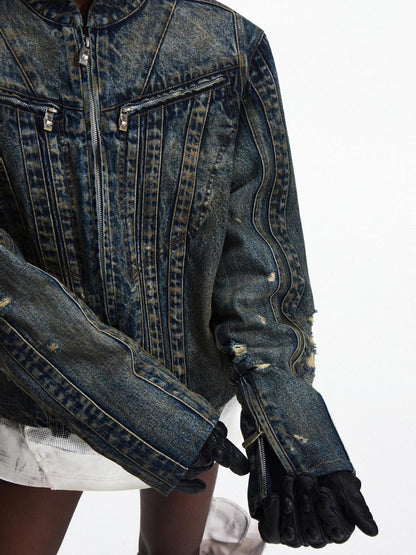 PEOPLESENSE Washed Denim Pure Cotton Slim Fit Patchwork Urban Short Zip Unisex Jacket