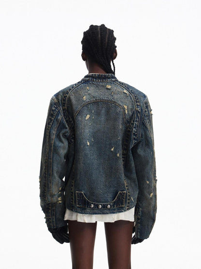 PEOPLESENSE Washed Denim Pure Cotton Slim Fit Patchwork Urban Short Zip Unisex Jacket