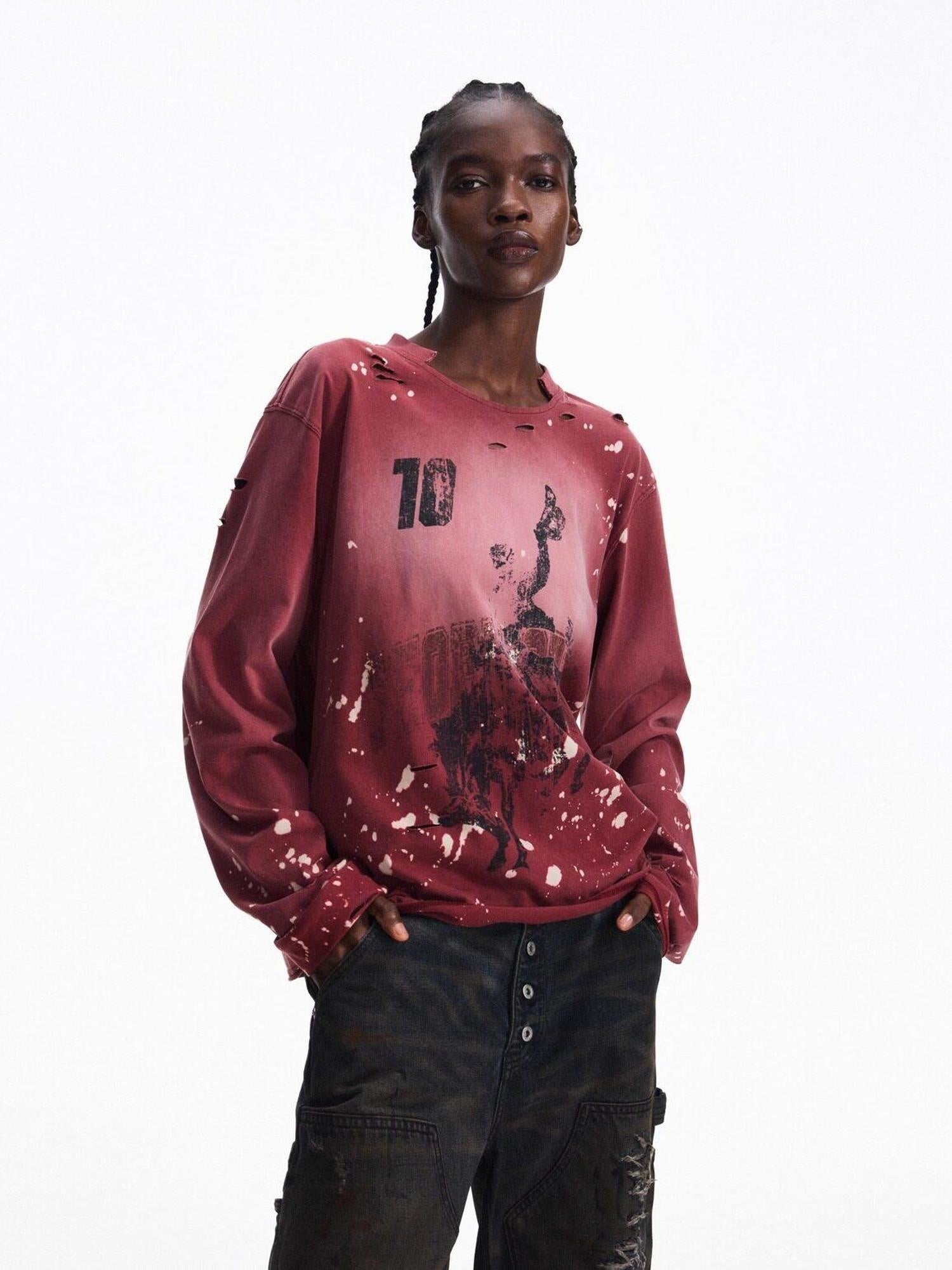 PEOPLESENSE Washed Distressed Loose Vintage Horse Print Unisex 100Percent Cotton T-Shirt