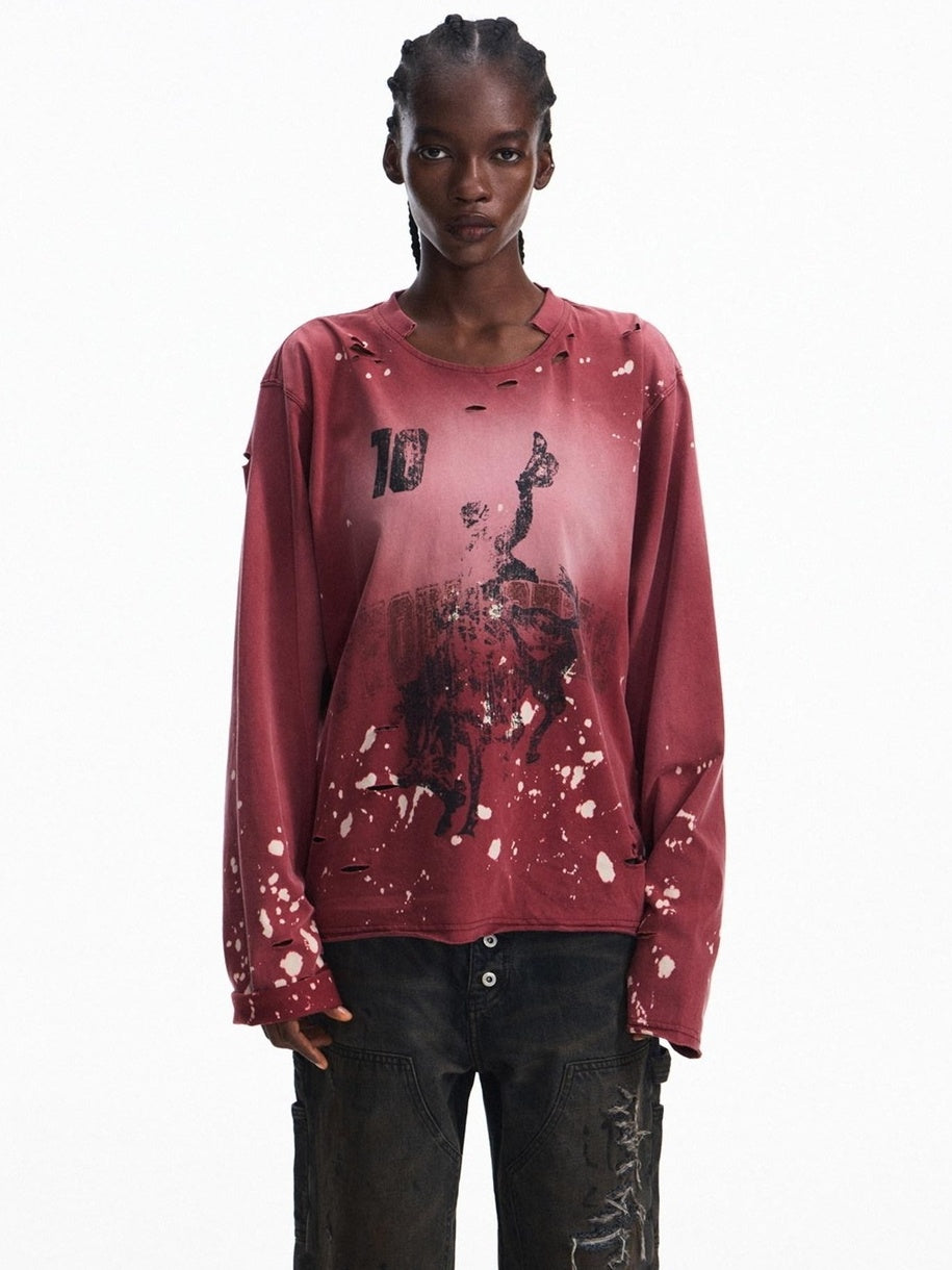 PEOPLESENSE Washed Distressed Loose Vintage Horse Print Unisex 100Percent Cotton T-Shirt