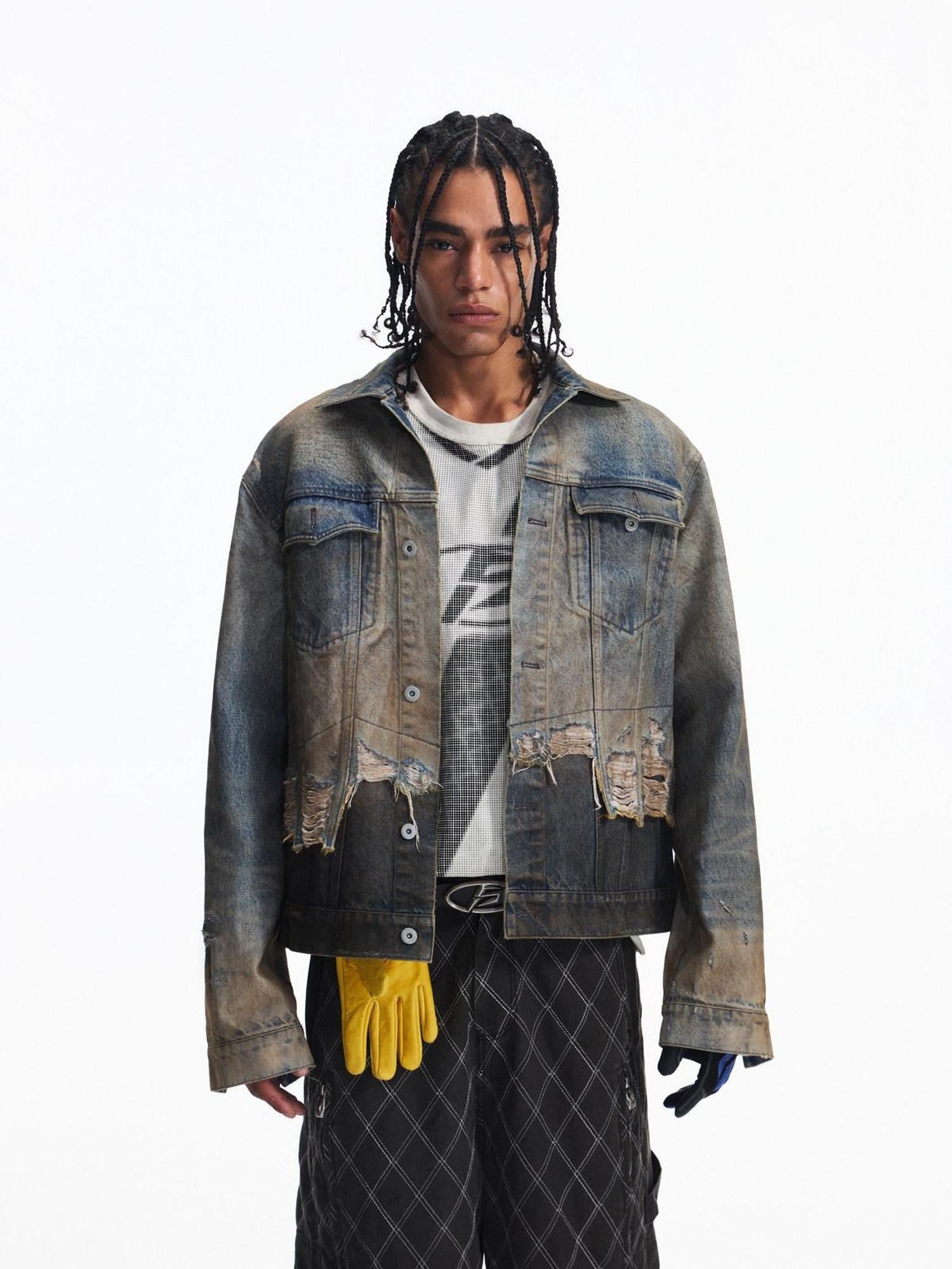 PEOPLESENSE Washed Patchwork Slim Fit Short Gradient Collar Long Sleeve Unisex Denim Jacket