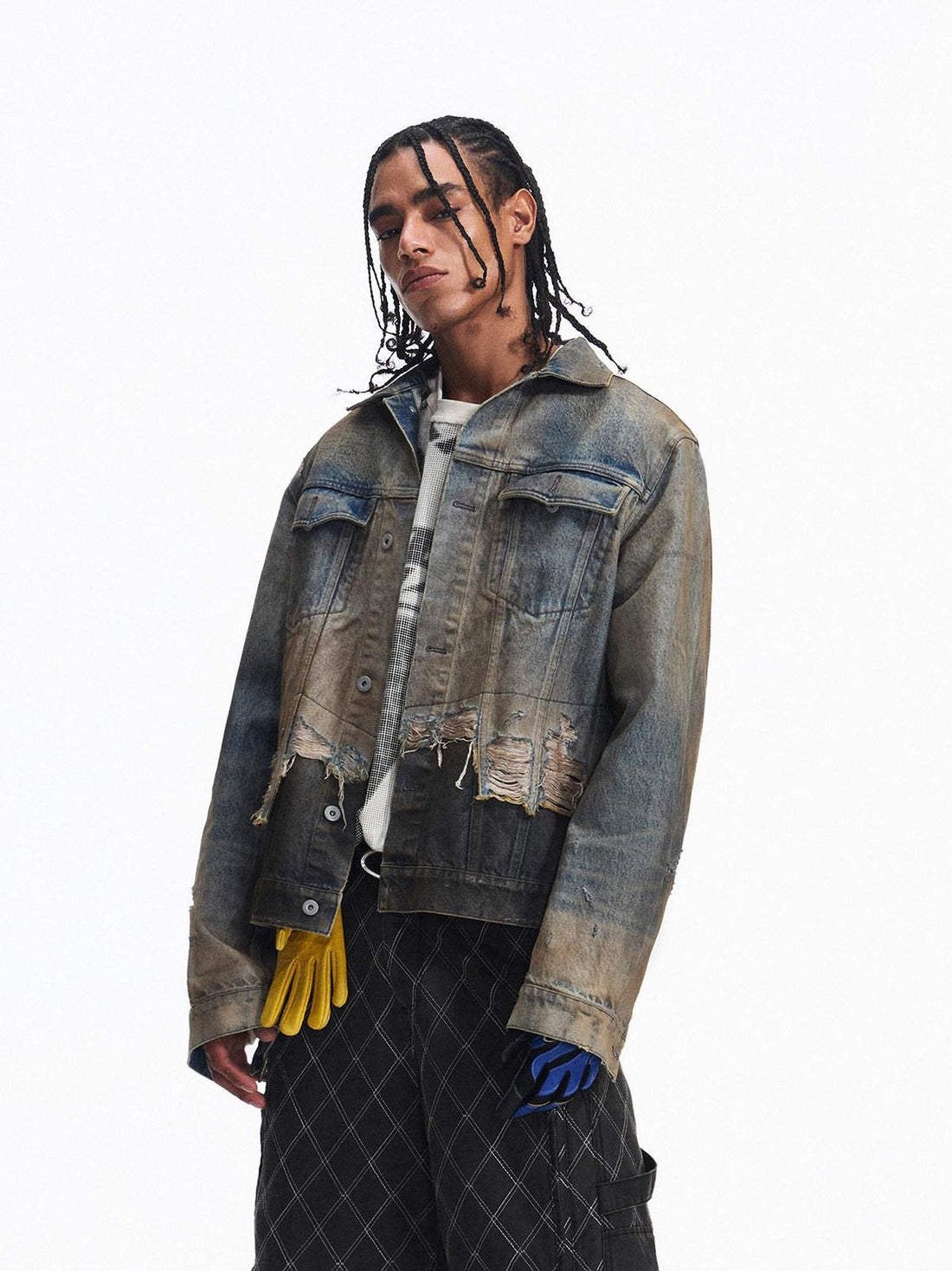 PEOPLESENSE Washed Patchwork Slim Fit Short Gradient Collar Long Sleeve Unisex Denim Jacket