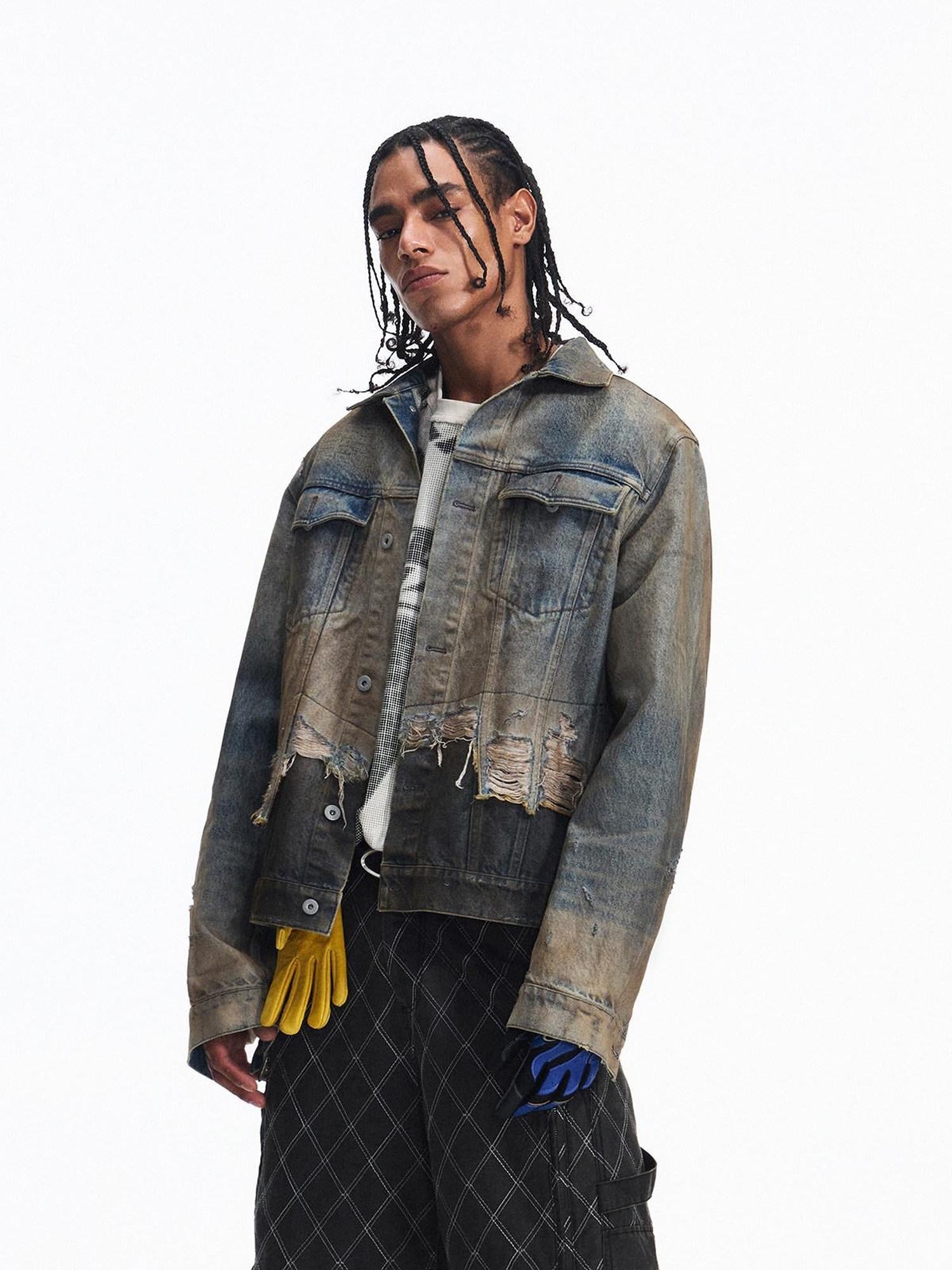 PEOPLESENSE Washed Patchwork Slim Fit Short Gradient Collar Long Sleeve Unisex Denim Jacket