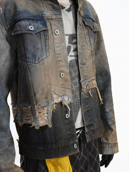 PEOPLESENSE Washed Patchwork Slim Fit Short Gradient Collar Long Sleeve Unisex Denim Jacket