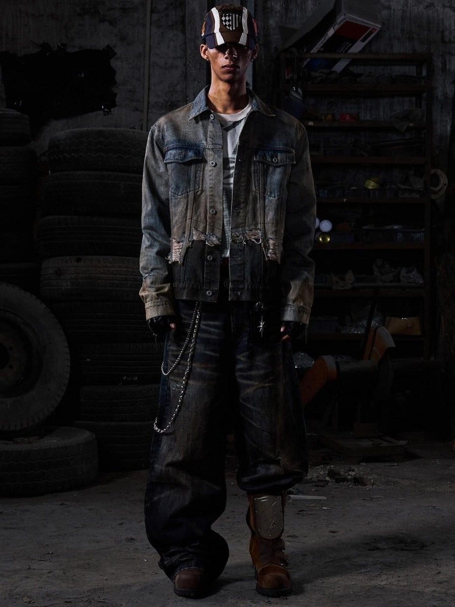 PEOPLESENSE Washed Patchwork Slim Fit Short Gradient Collar Long Sleeve Unisex Denim Jacket