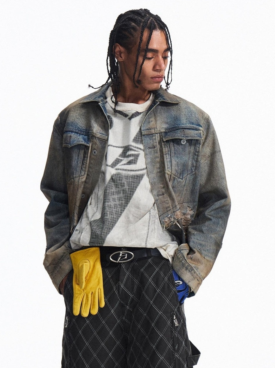 PEOPLESENSE Washed Patchwork Slim Fit Short Gradient Collar Long Sleeve Unisex Denim Jacket