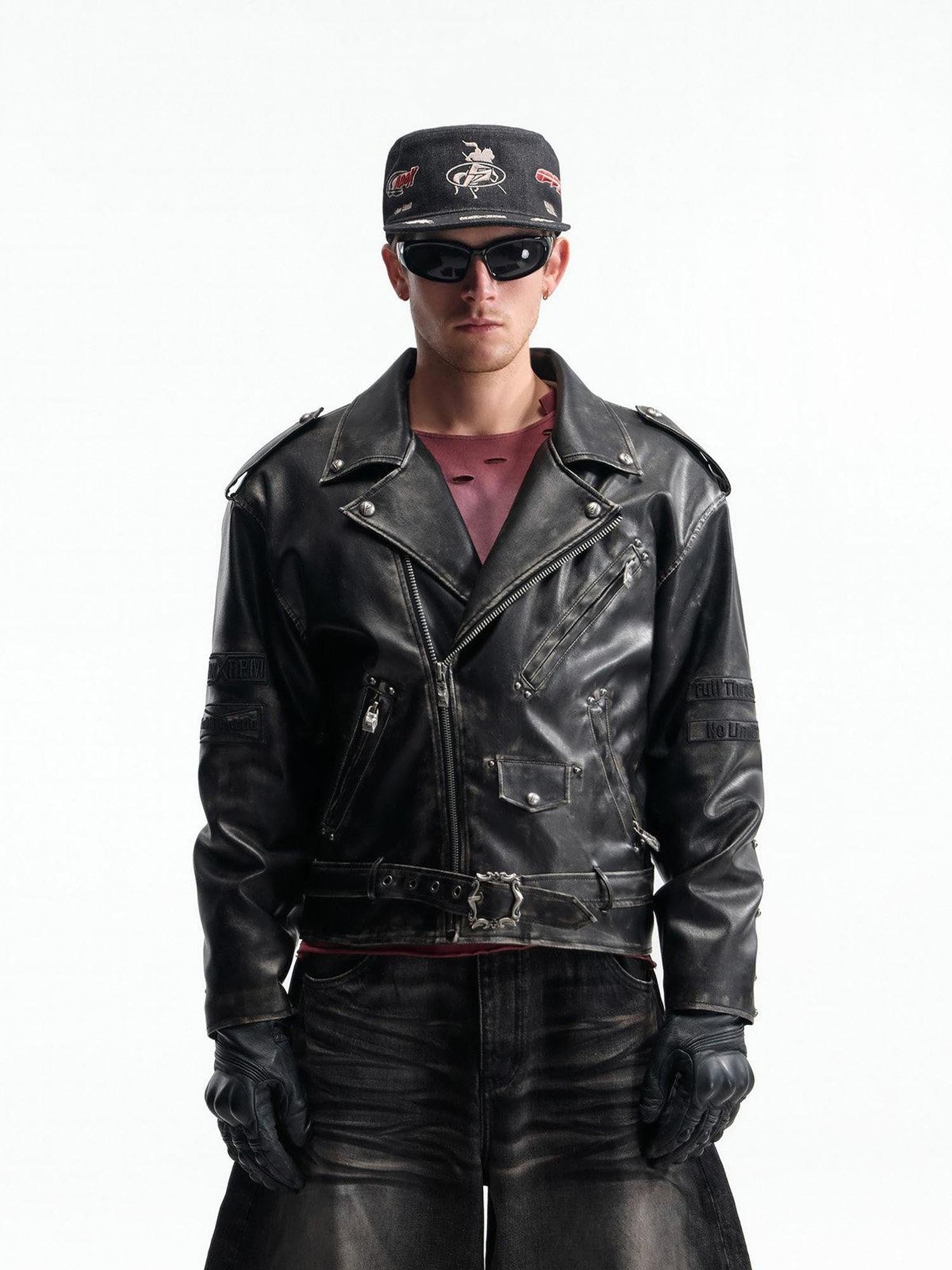 PEOPLESENSE Windproof Matte Pu Embroidered Loose Fit Racing Unisex Black Zipper Jacket