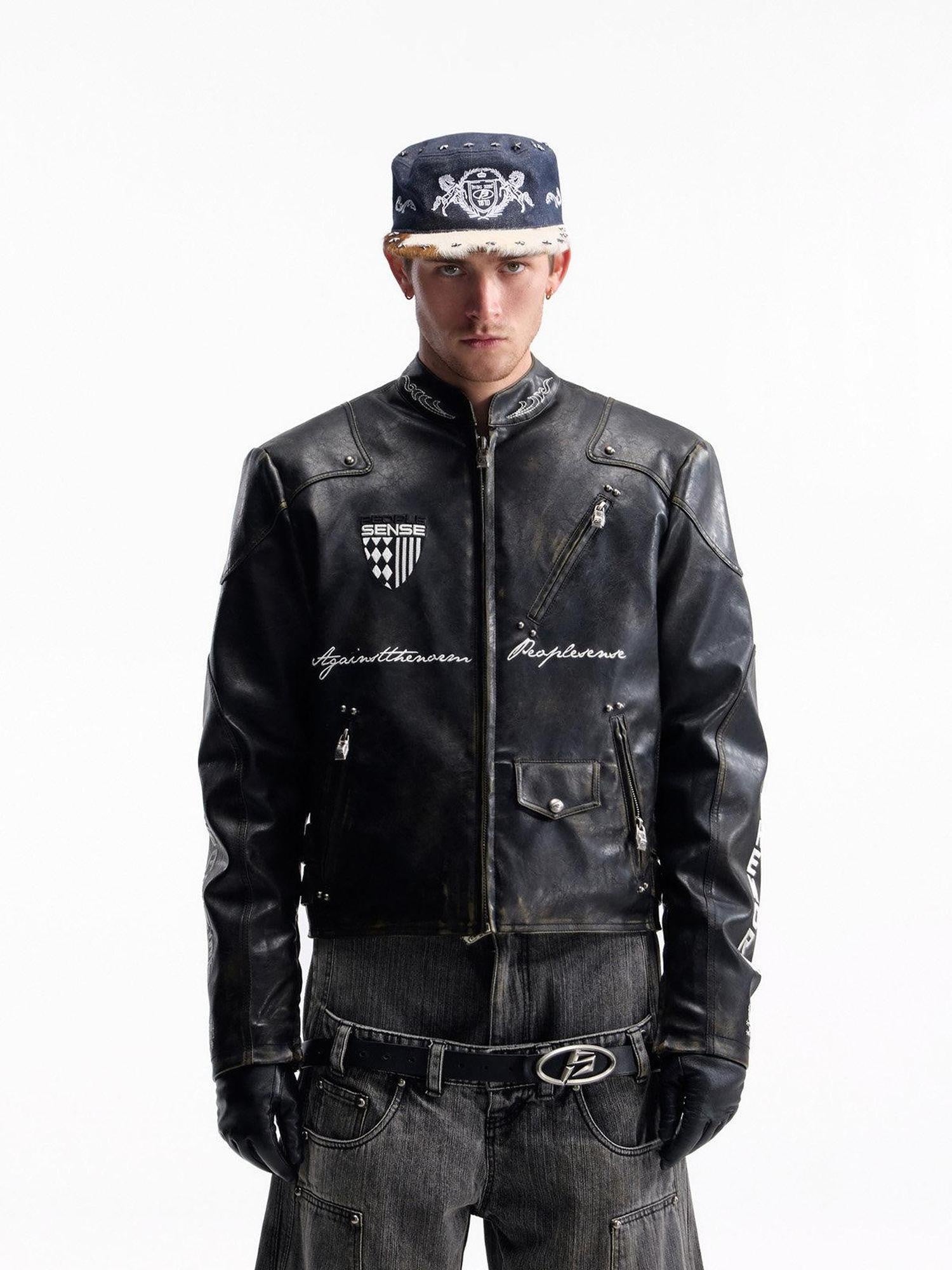 PEOPLESENSE Windproof Matte Pu Leather Metal Trim Short Casual Youth Racing Zipper Jacket