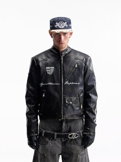 PEOPLESENSE Windproof Matte Pu Leather Metal Trim Short Casual Youth Racing Zipper Jacket