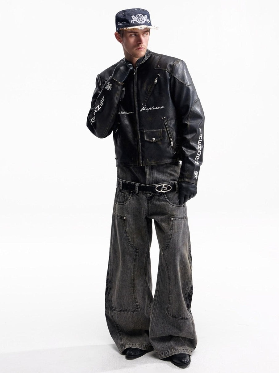 PEOPLESENSE Windproof Matte Pu Leather Metal Trim Short Casual Youth Racing Zipper Jacket