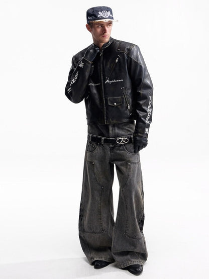 PEOPLESENSE Windproof Matte Pu Leather Metal Trim Short Casual Youth Racing Zipper Jacket