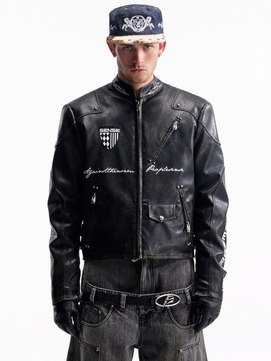 PEOPLESENSE Windproof Matte Pu Leather Metal Trim Short Casual Youth Racing Zipper Jacket