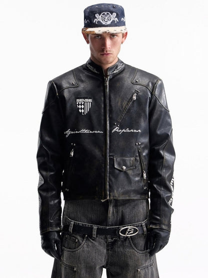 PEOPLESENSE Windproof Matte Pu Leather Metal Trim Short Casual Youth Racing Zipper Jacket