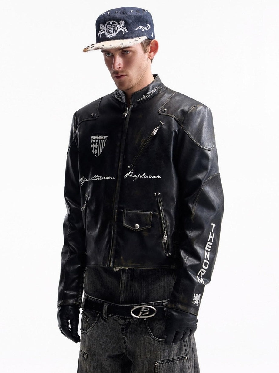 PEOPLESENSE Windproof Matte Pu Leather Metal Trim Short Casual Youth Racing Zipper Jacket