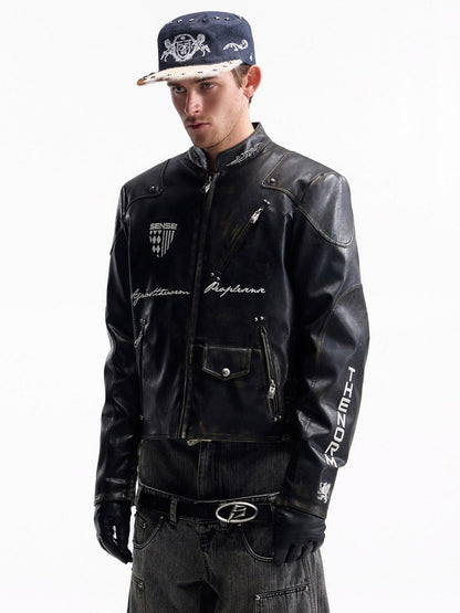 PEOPLESENSE Windproof Matte Pu Leather Metal Trim Short Casual Youth Racing Zipper Jacket