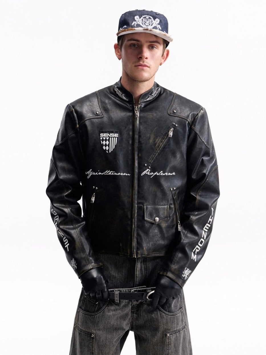 PEOPLESENSE Windproof Matte Pu Leather Metal Trim Short Casual Youth Racing Zipper Jacket