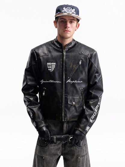 PEOPLESENSE Windproof Matte Pu Leather Metal Trim Short Casual Youth Racing Zipper Jacket