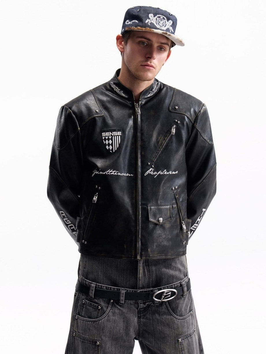 PEOPLESENSE Windproof Matte Pu Leather Metal Trim Short Casual Youth Racing Zipper Jacket