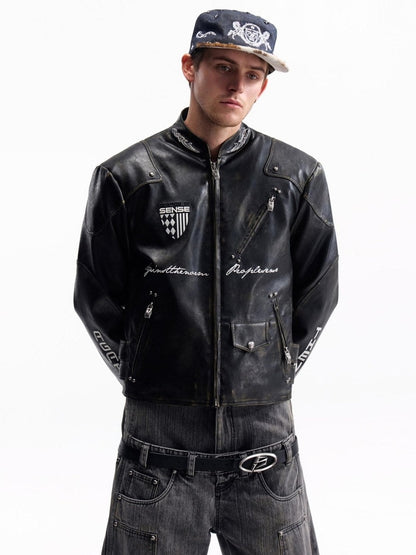 PEOPLESENSE Windproof Matte Pu Leather Metal Trim Short Casual Youth Racing Zipper Jacket