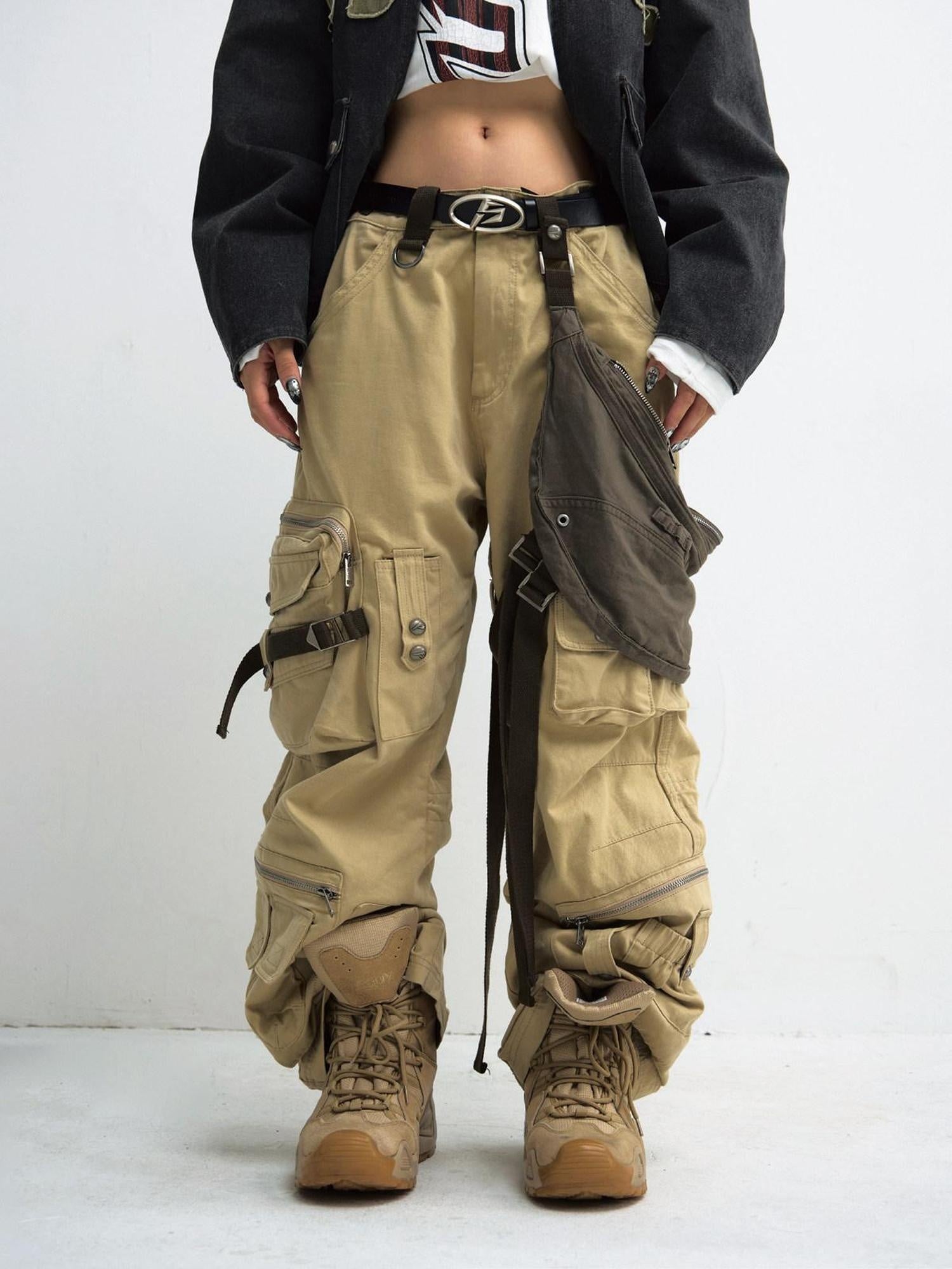 PEOPLESENSE Wrinkle Free Khaki Patchwork Straight Cargo Mid Rise Cotton Teen Casual Pants