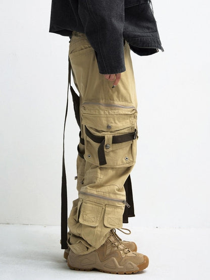 PEOPLESENSE Wrinkle Free Khaki Patchwork Straight Cargo Mid Rise Cotton Teen Casual Pants