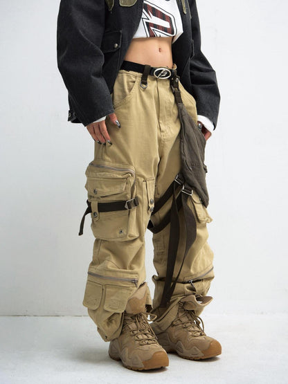 PEOPLESENSE Wrinkle Free Khaki Patchwork Straight Cargo Mid Rise Cotton Teen Casual Pants