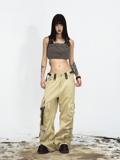 PEOPLESENSE Wrinkle Free Khaki Patchwork Straight Cargo Mid Rise Cotton Teen Casual Pants