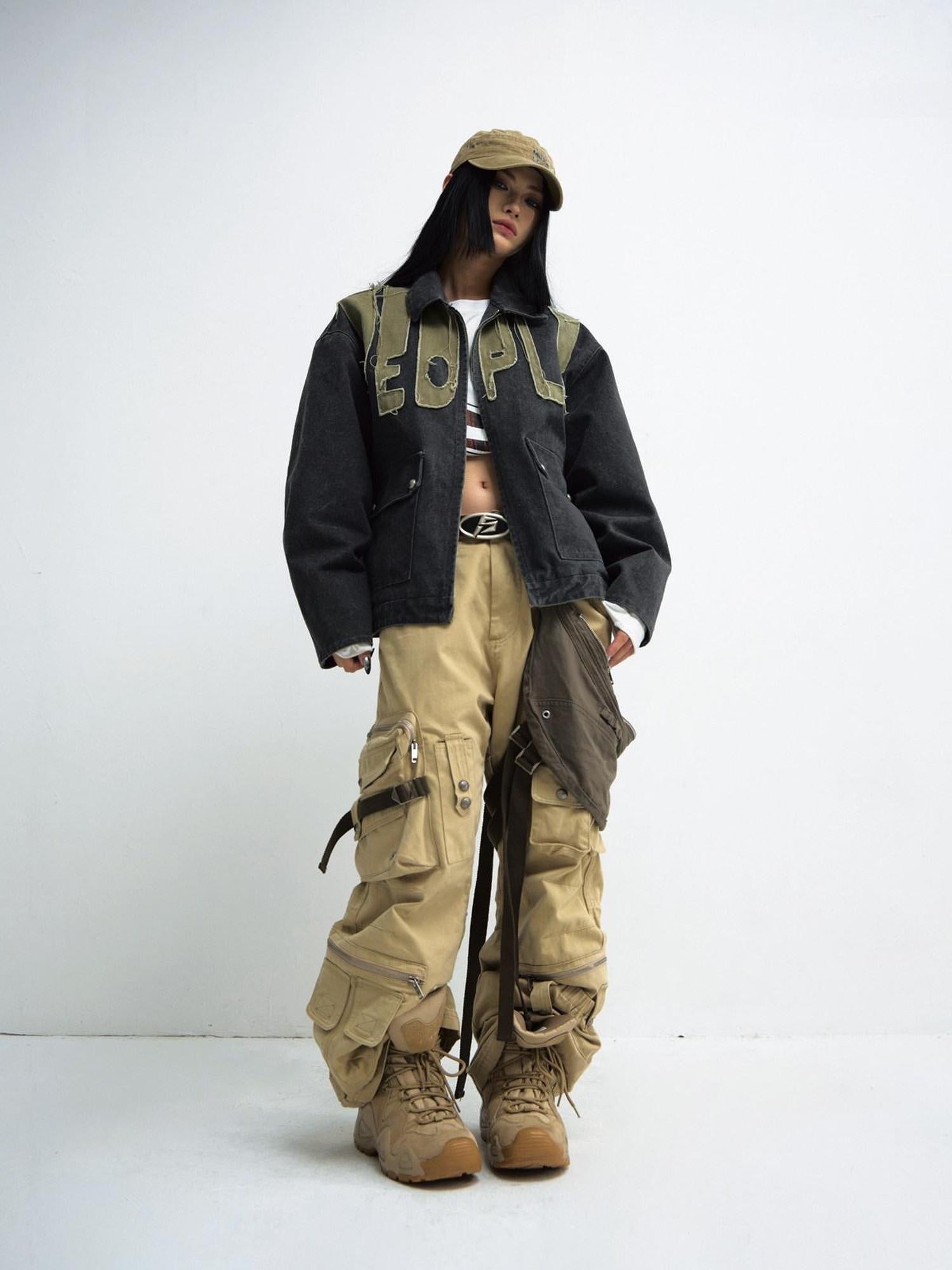PEOPLESENSE Wrinkle Free Khaki Patchwork Straight Cargo Mid Rise Cotton Teen Casual Pants