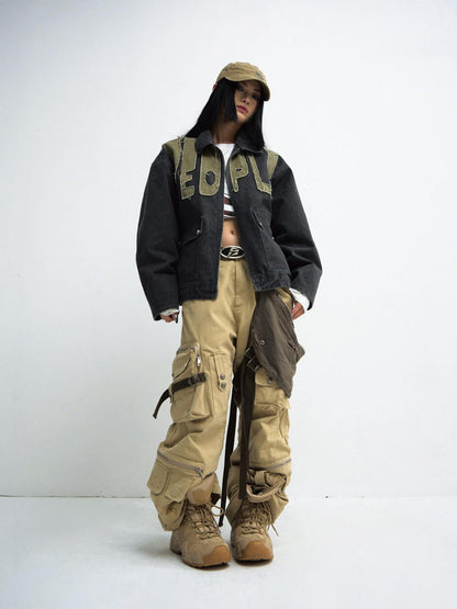 PEOPLESENSE Wrinkle Free Khaki Patchwork Straight Cargo Mid Rise Cotton Teen Casual Pants