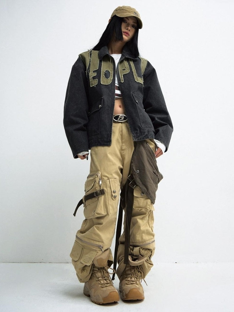 PEOPLESENSE Wrinkle Free Khaki Patchwork Straight Cargo Mid Rise Cotton Teen Casual Pants
