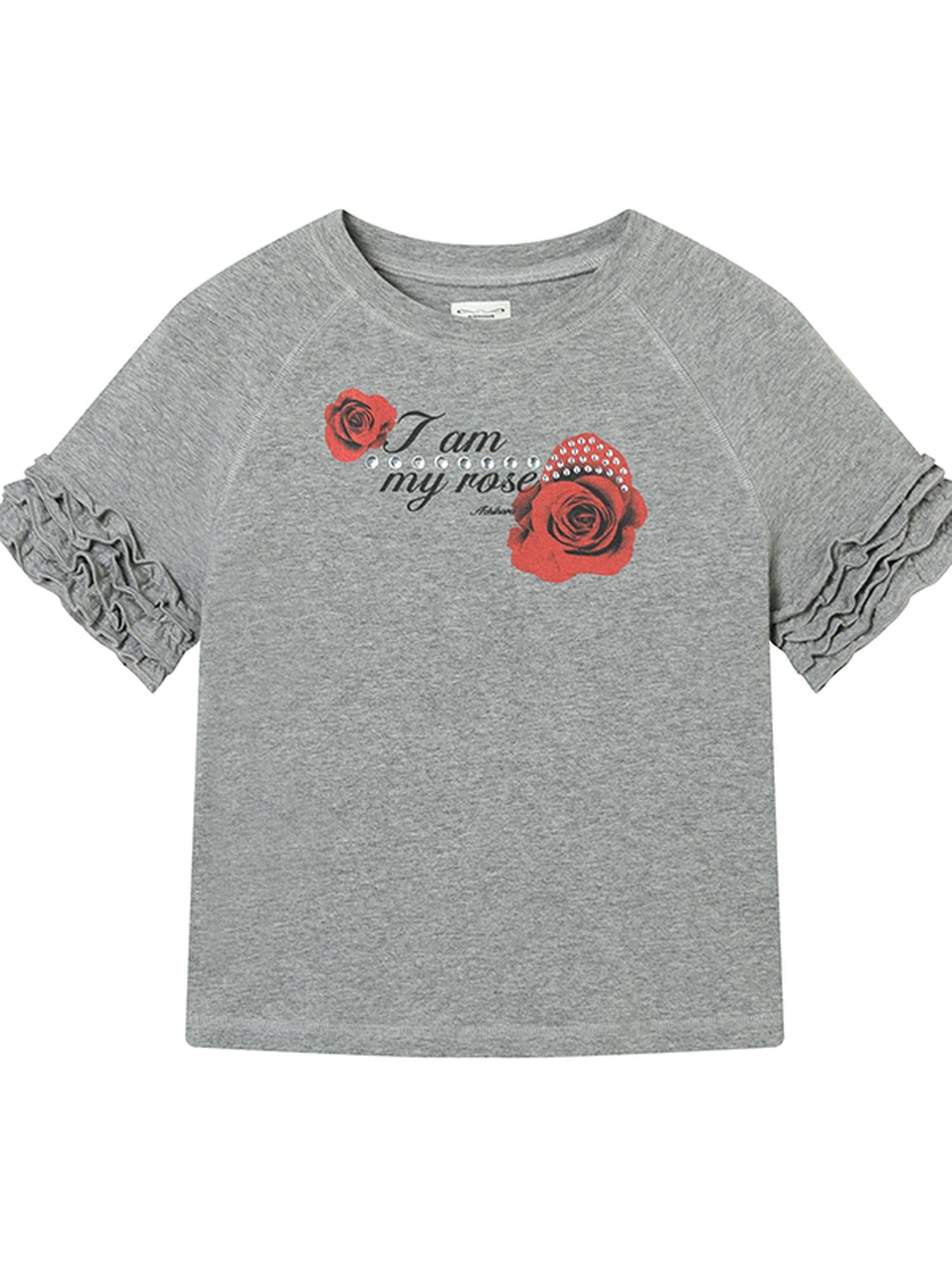 Achihara Roseprint Floral Sleeve Cropped Tee