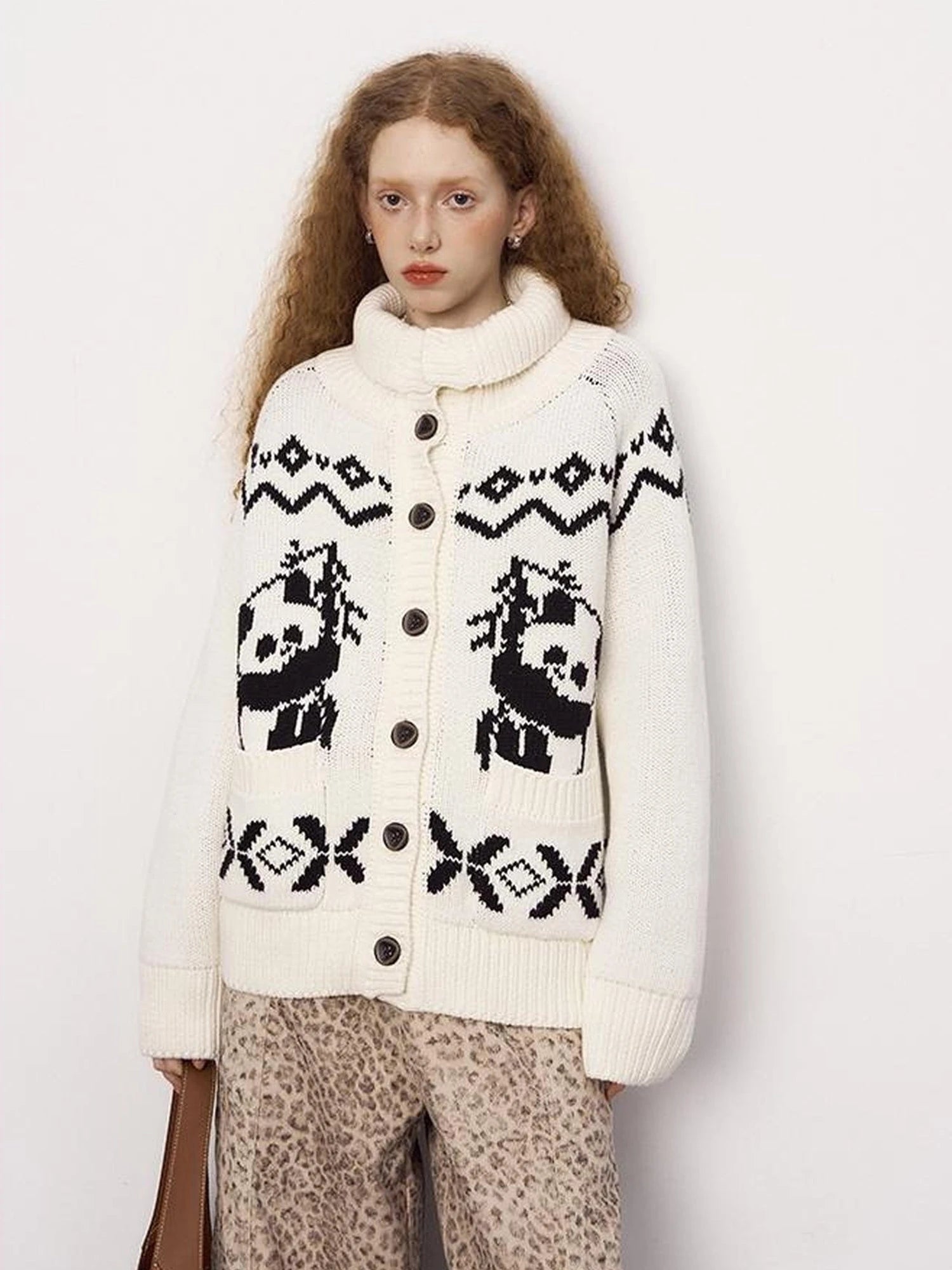 Panda Knit Cardigan Retro Cozy Fair Isle Sweater