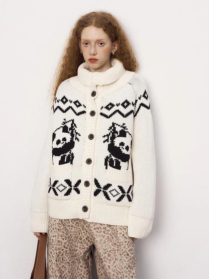 Panda Knit Cardigan Retro Cozy Fair Isle Sweater