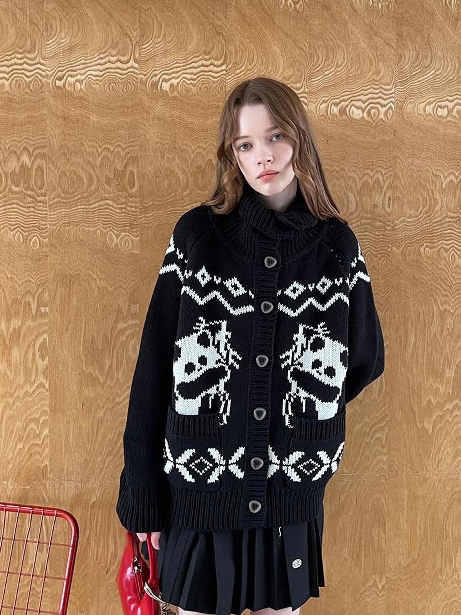 Panda Knit Cardigan Retro Cozy Fair Isle Sweater