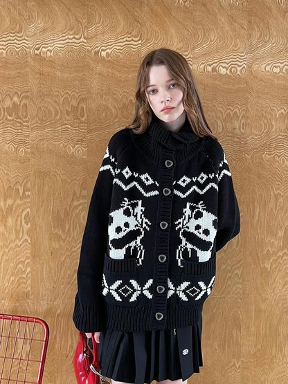 Panda Knit Cardigan Retro Cozy Fair Isle Sweater