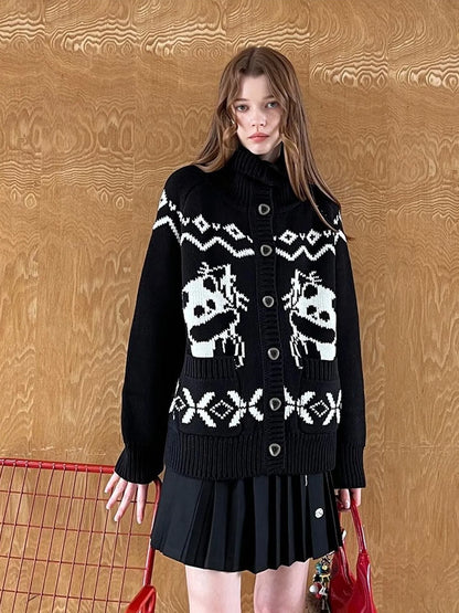 Panda Knit Cardigan Retro Cozy Fair Isle Sweater