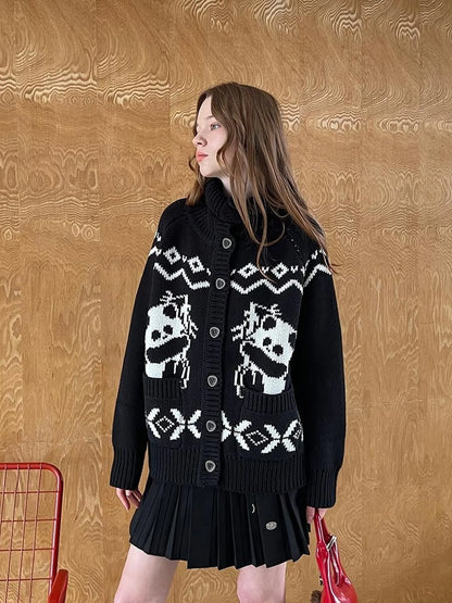 Panda Knit Cardigan Retro Cozy Fair Isle Sweater