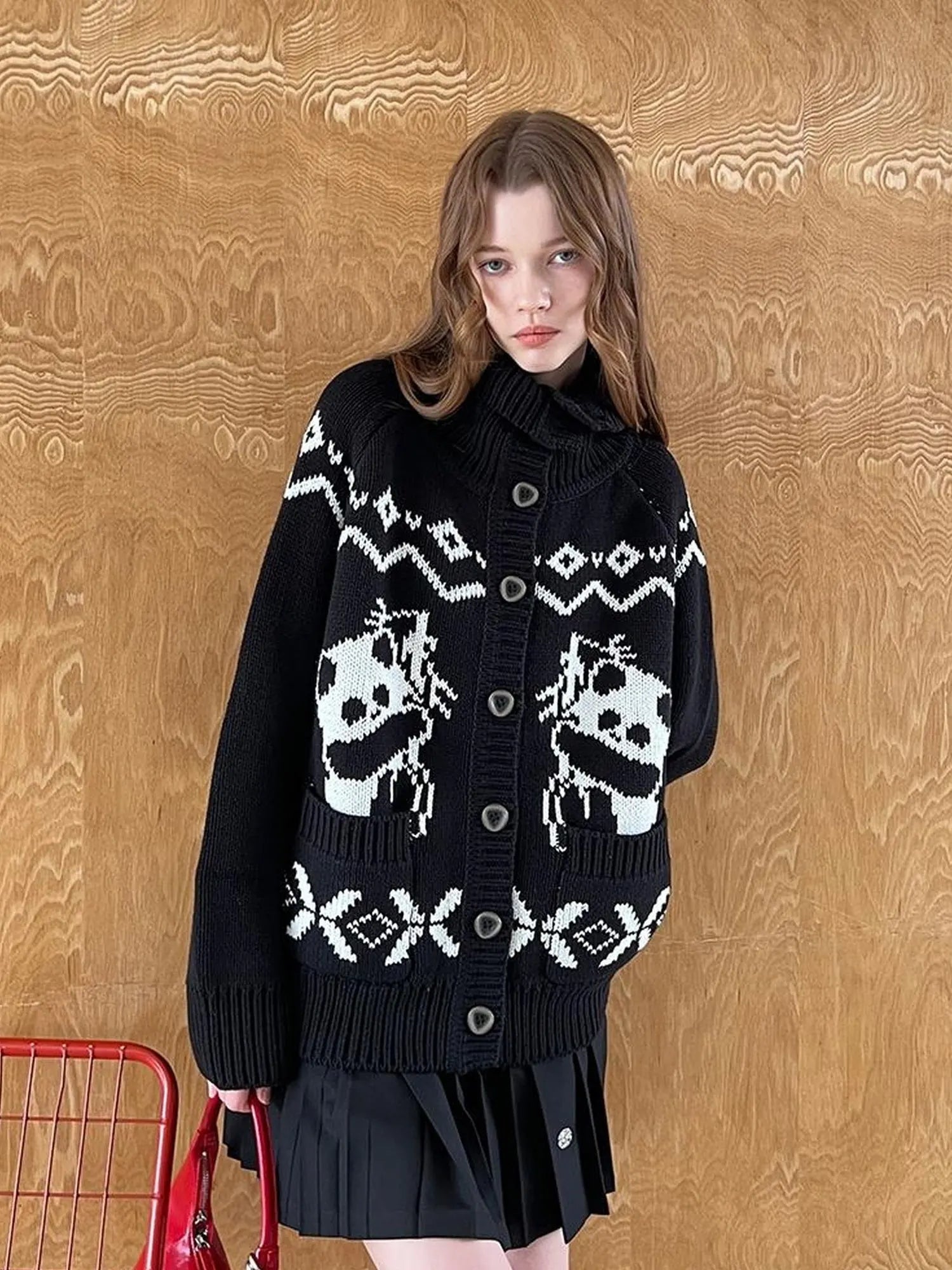 Panda Knit Cardigan Retro Cozy Fair Isle Sweater
