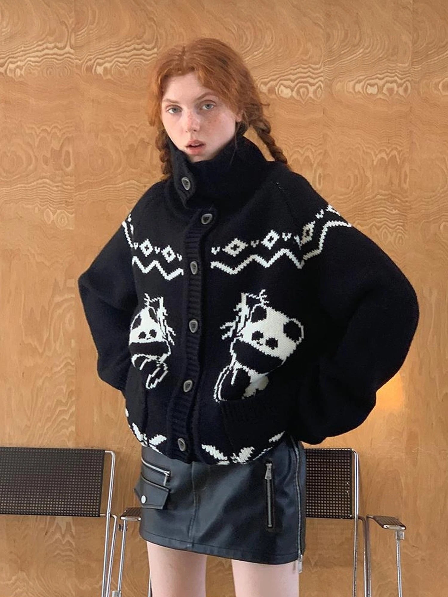 Panda Knit Cardigan Retro Cozy Fair Isle Sweater