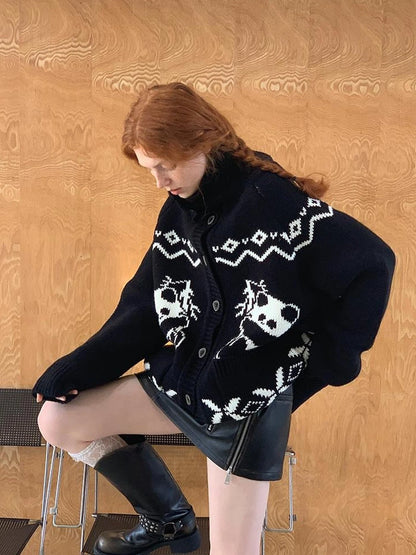 Panda Knit Cardigan Retro Cozy Fair Isle Sweater