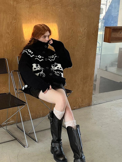 Panda Knit Cardigan Retro Cozy Fair Isle Sweater