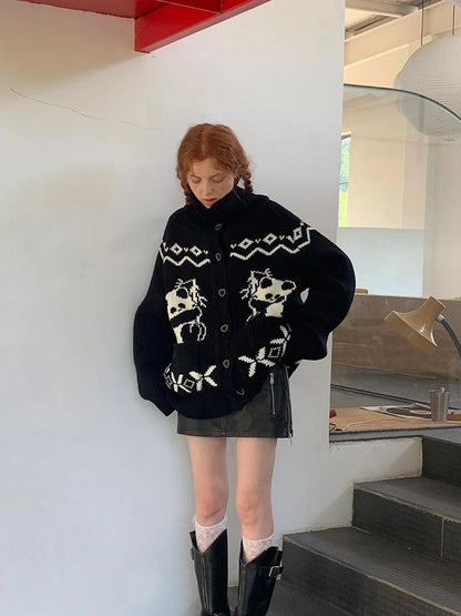 Panda Knit Cardigan Retro Cozy Fair Isle Sweater