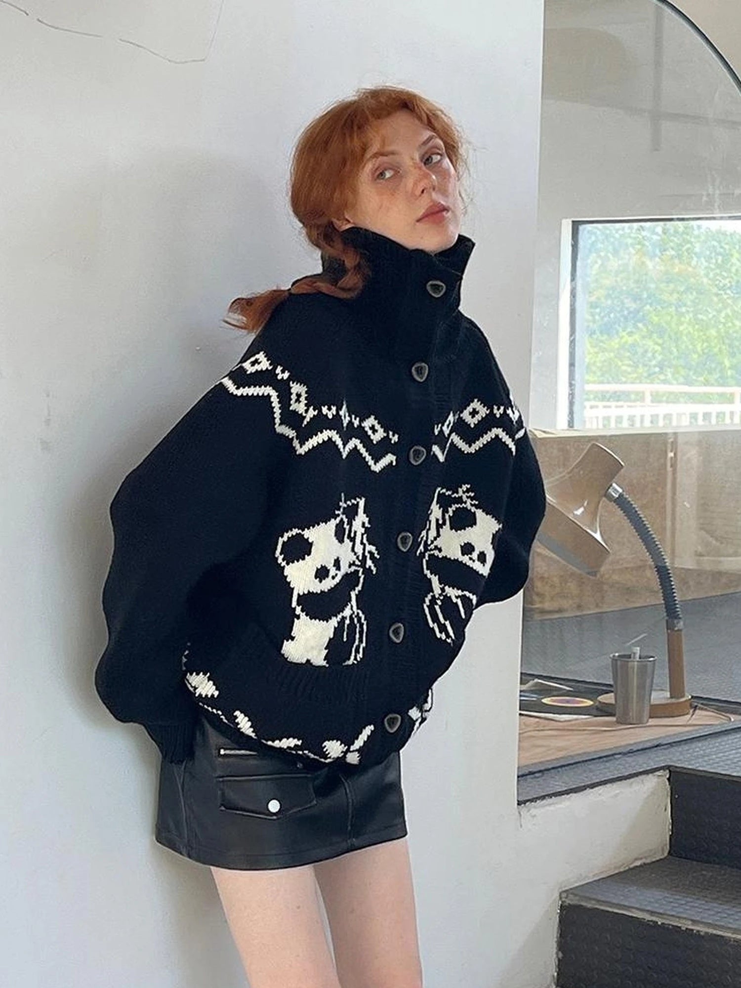 Panda Knit Cardigan Retro Cozy Fair Isle Sweater
