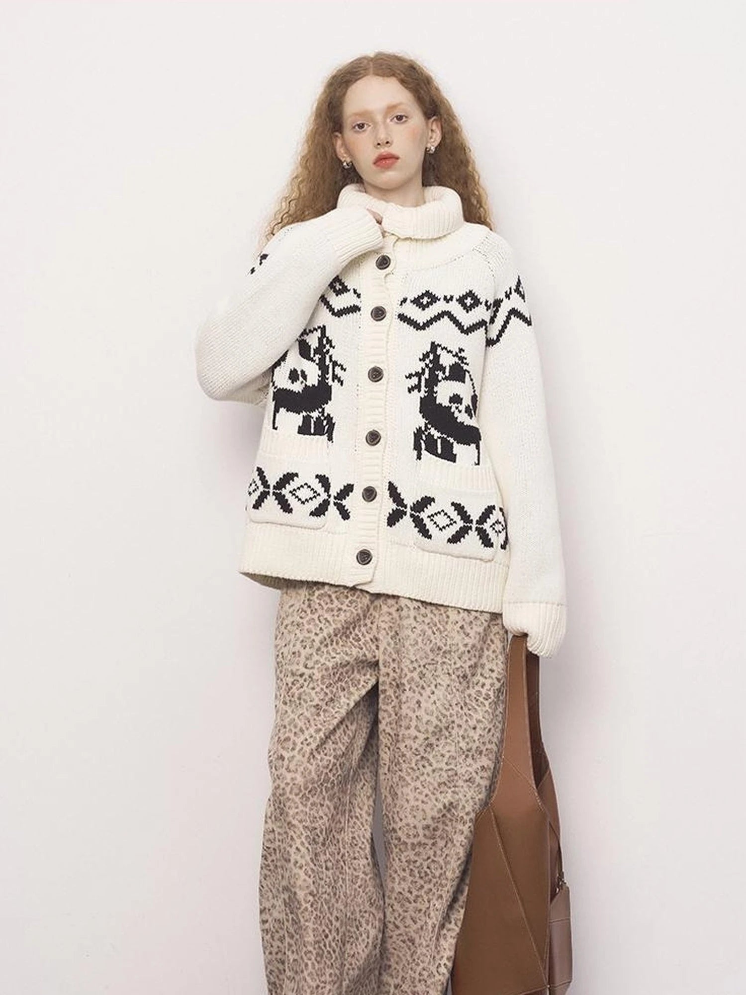 Panda Knit Cardigan Retro Cozy Fair Isle Sweater
