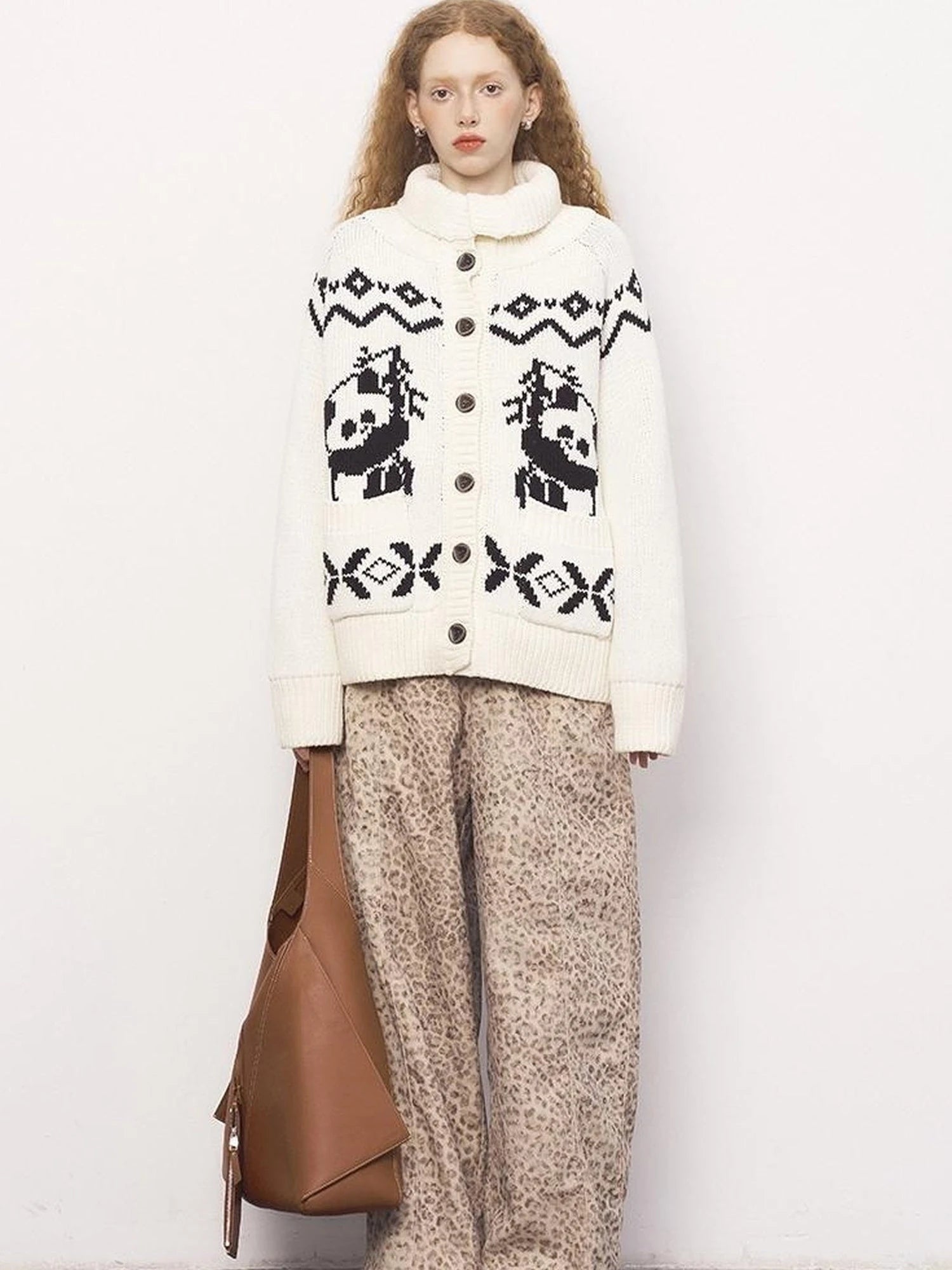 Panda Knit Cardigan Retro Cozy Fair Isle Sweater