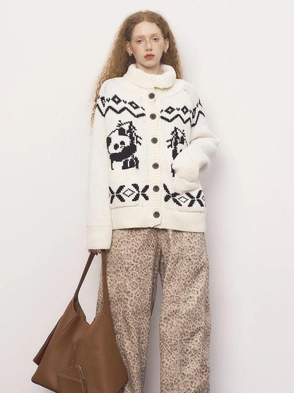 Panda Knit Cardigan Retro Cozy Fair Isle Sweater