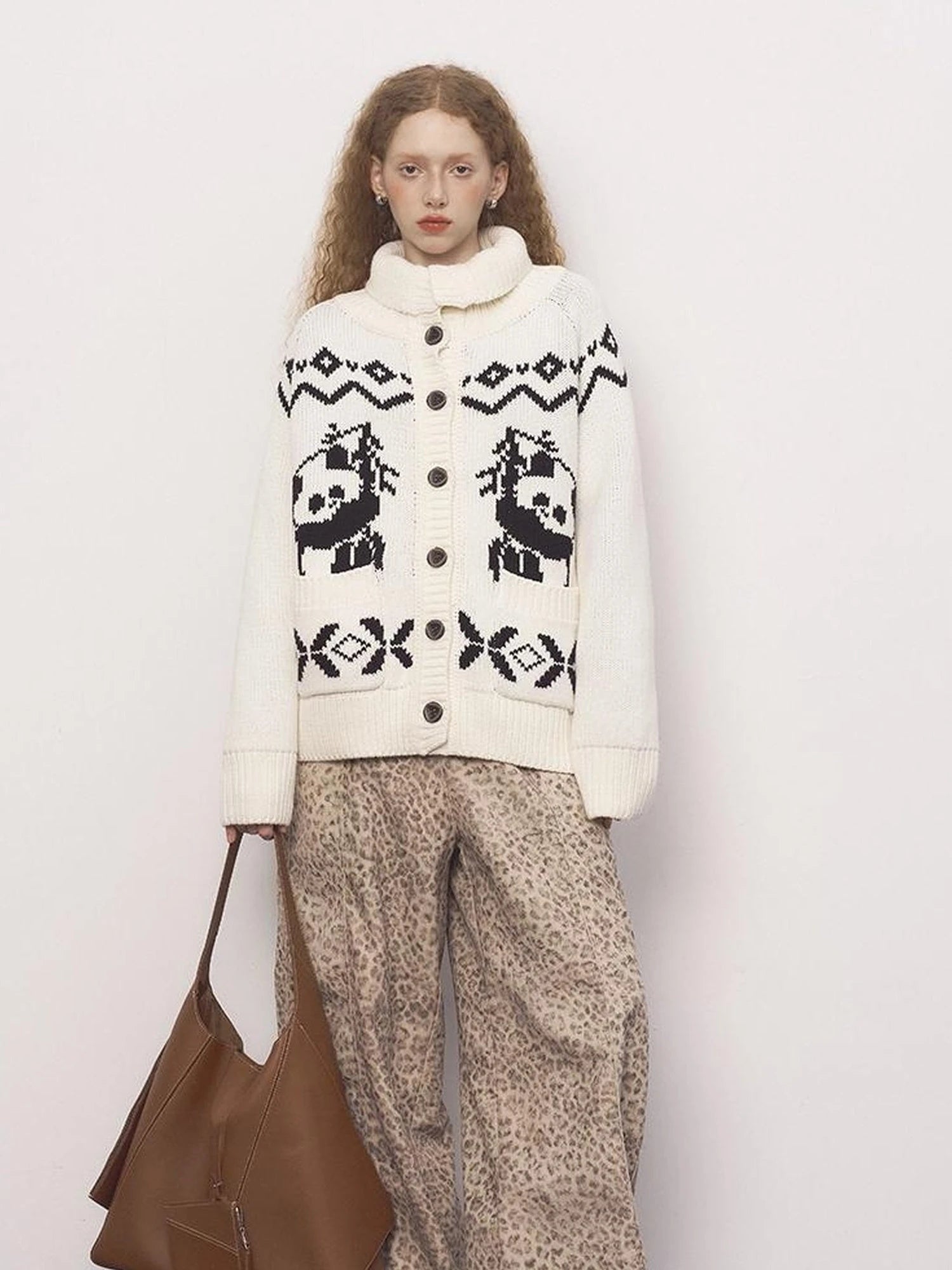 Panda Knit Cardigan Retro Cozy Fair Isle Sweater