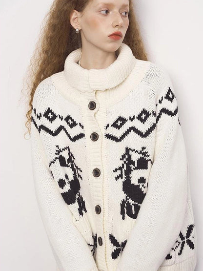 Panda Knit Cardigan Retro Cozy Fair Isle Sweater